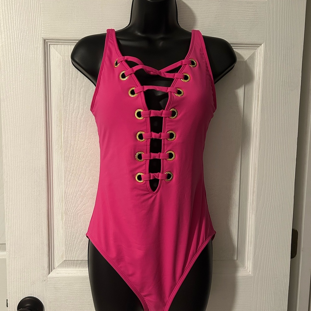 Bleu Rod Beattie Pink Lace-Up One Piece Swimsuit